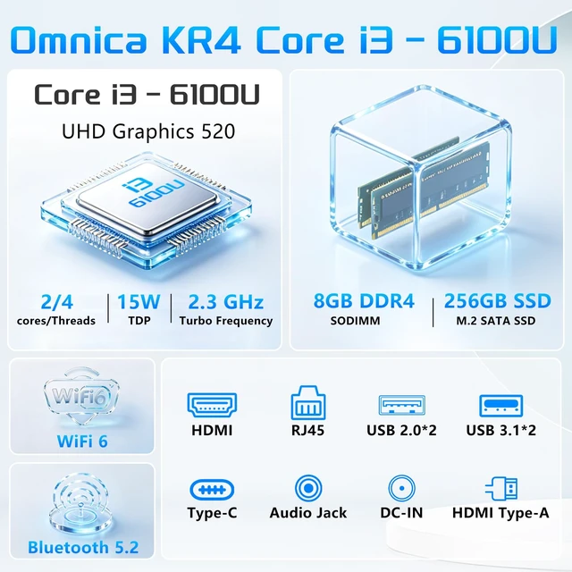 Alt view image 2 of 7 - Mini PC, Desktop Computer with Core i3 6100U, 8GB DDR4 RAM, 256GB M.2 SATA SSD, Small PC Dual HDMI 1.4B 4K Support, 2*Type-C, 2*Gigabit Ethernet, WiFi 6 BT 5.2, Win 11 Pro,Home/Office Mini Desktop PC