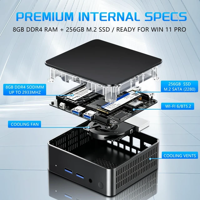 Alt view image 4 of 7 - Mini PC, Desktop Computer with Core i3 6100U, 8GB DDR4 RAM, 256GB M.2 SATA SSD, Small PC Dual HDMI 1.4B 4K Support, 2*Type-C, 2*Gigabit Ethernet, WiFi 6 BT 5.2, Win 11 Pro,Home/Office Mini Desktop PC