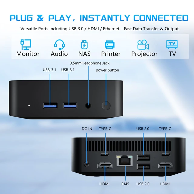 Alt view image 6 of 7 - Mini PC, Desktop Computer with Core i3 6100U, 8GB DDR4 RAM, 256GB M.2 SATA SSD, Small PC Dual HDMI 1.4B 4K Support, 2*Type-C, 2*Gigabit Ethernet, WiFi 6 BT 5.2, Win 11 Pro,Home/Office Mini Desktop PC