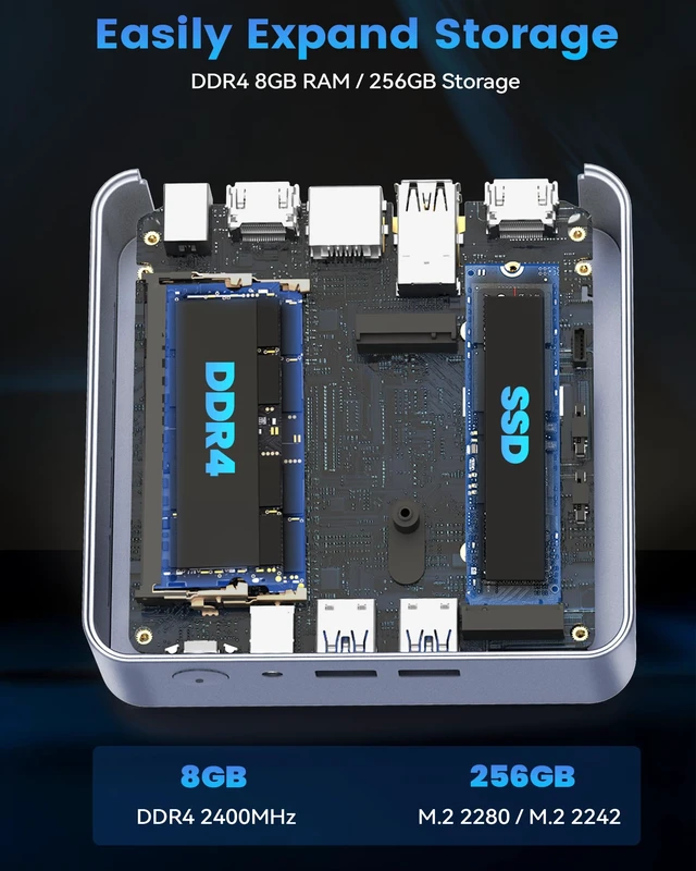Alt view image 3 of 7 - Getorli Mini PC AMD Ryzen 5 3500U (Max 3.7GHz) 8GB DDR4 RAM 256GB NVMe SSD | 4C/8T Small Desktop Computer 4K HD Dual HDMI WiFi 6 BT5.3 Budget Micro Compact PCs Prebuilt OS-Home Office Gaming Streaming