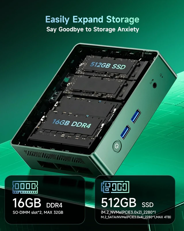 Alt view image 5 of 7 - Bmax Mini PC Micro Desktop Computer, Intel Core i5-8257U (Beats N100/N97/N150/4300U/10110U) 16GB DDR4 RAM 512GB SATA SSD, Support 64GB/4TB Expansion, WiFi 6, Dual 4K HDMI/DP, Win 11 Pro,B6 Turbo