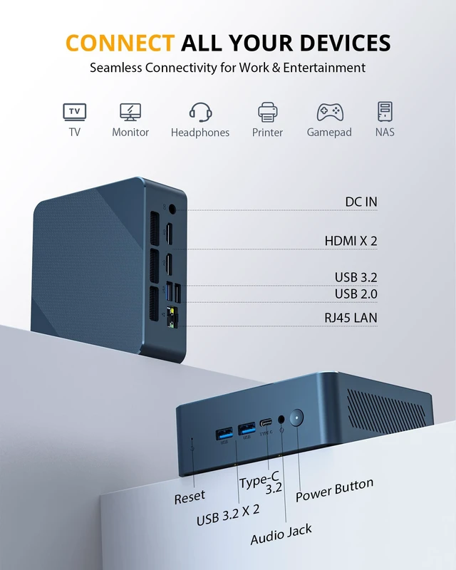 Alt view image 5 of 7 - Glorlin Mini PC, Ryzen 5 3500U, 8GB RAM/256GB SSD, WiFi6 BT5.3, Gigabit LAN | Mini Desktop Computer with 4K Triple Display via Dual HDMI & USB-C, Small PC for Home Office and Study