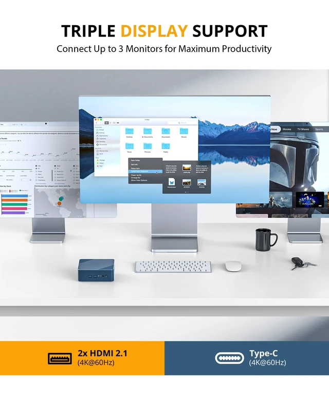 Alt view image 7 of 7 - Glorlin Mini PC, Ryzen 5 3500U, 8GB RAM/256GB SSD, WiFi6 BT5.3, Gigabit LAN | Mini Desktop Computer with 4K Triple Display via Dual HDMI & USB-C, Small PC for Home Office and Study