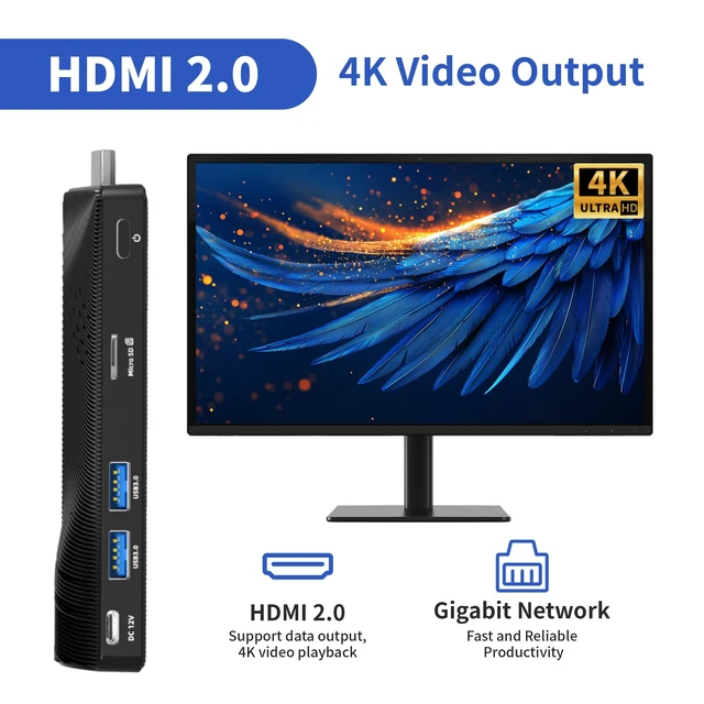 Alt view image 4 of 7 - Mini PC Stick Fanless, Micro Desktop Computer Win 10 Celeron J3455, 4GB RAM 64GB eMMC, Gigabit Ethernet, 4K@60Hz Output, WiFi BT 5.0 for Industrial IOT, Business, Office & Digital Signage