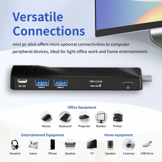 Alt view image 5 of 7 - Mini PC Stick Fanless, Micro Desktop Computer Win 10 Celeron J3455, 4GB RAM 64GB eMMC, Gigabit Ethernet, 4K@60Hz Output, WiFi BT 5.0 for Industrial IOT, Business, Office & Digital Signage