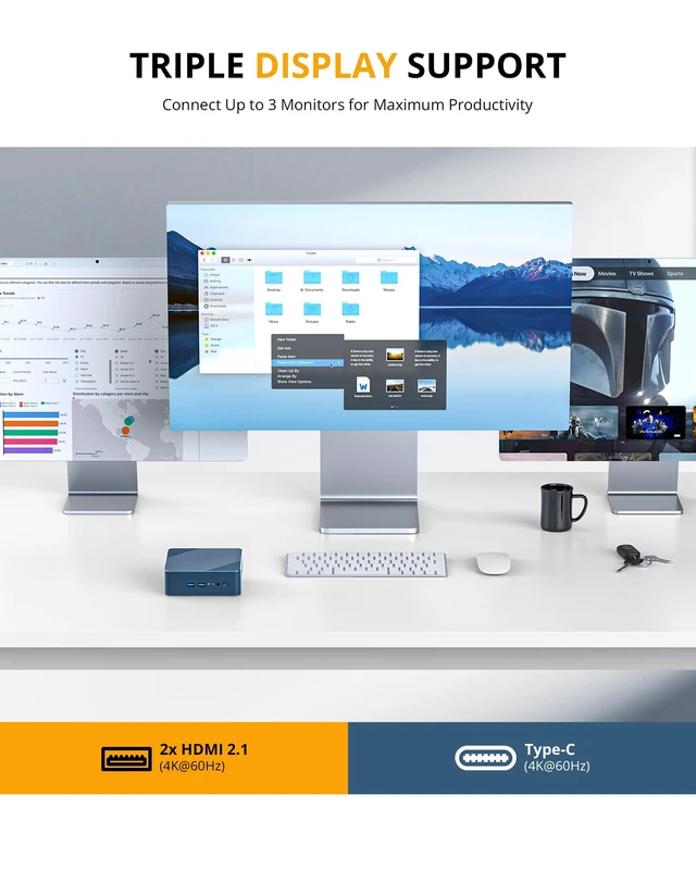 Alt view image 4 of 7 - Glorlin Mini PC - Ryzen 5 3501U (up to 3.7GHz), 16GB DDR4 512GB SSD, Mini Desktop Computer with Triple 4K Display Support, WiFi 6 Bluetooth 5.3, Small Micro PC for Work, Study & Multitasking