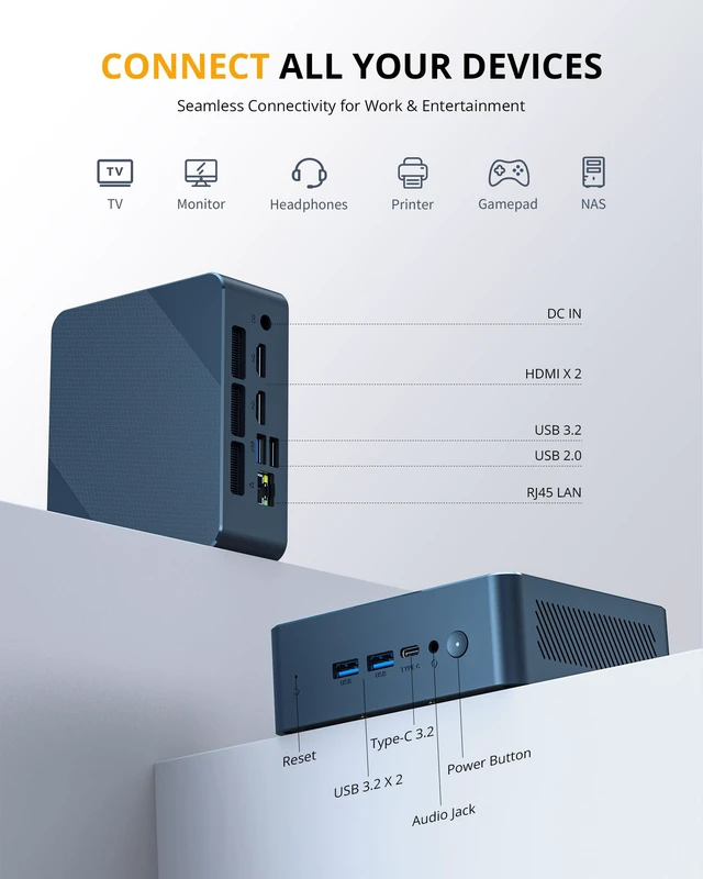 Alt view image 6 of 7 - Glorlin Mini PC - Ryzen 5 3501U (up to 3.7GHz), 16GB DDR4 512GB SSD, Mini Desktop Computer with Triple 4K Display Support, WiFi 6 Bluetooth 5.3, Small Micro PC for Work, Study & Multitasking