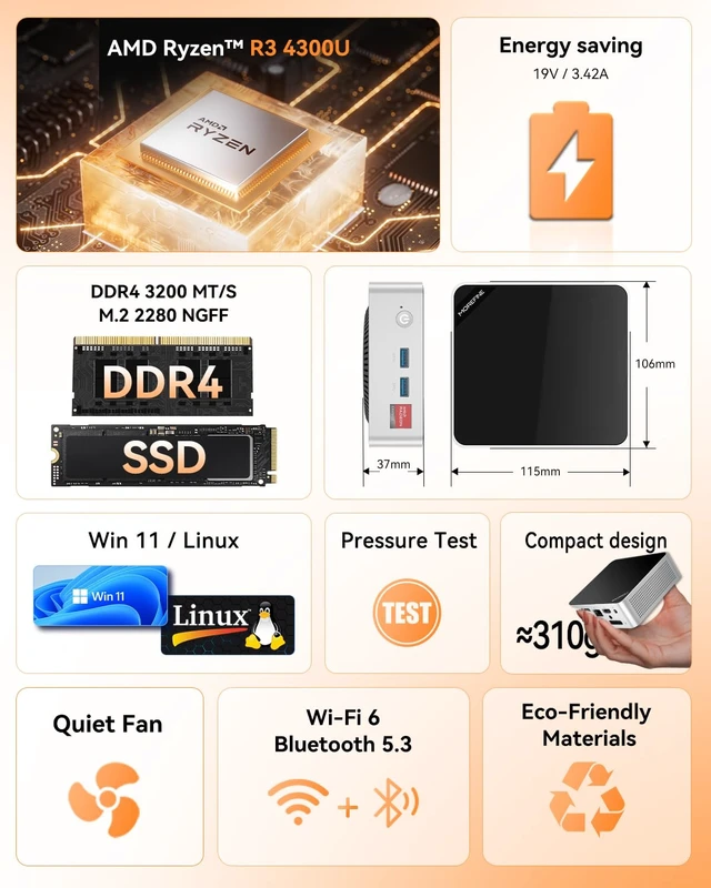 Alt view image 2 of 7 - MOREFINE M7 Mini PC, AMD Ryzen 4300U(Beats 3500U/N150/N97,Up to 3.7 GHz) Mini Computers, 16GB DDR4 512GB SATA SSD Mini Desktop Computers, 4K Triple Display WiFi5 BT4.2 Micro Small Pc for Business