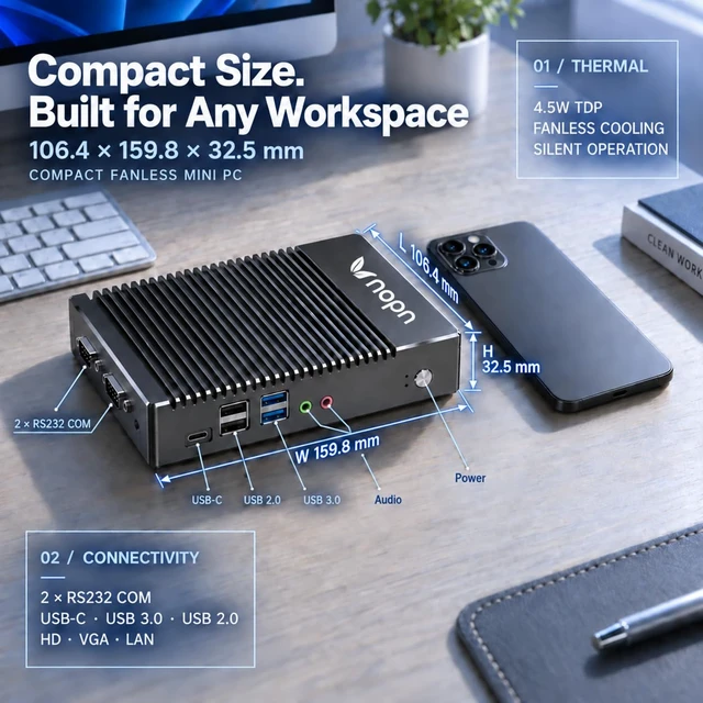 Alt view image 6 of 6 - HKAIOT Fanless Mini PC, AMD 6400T Quad-Core, Industrial Small Compute, Dual Display, Gigabit Ethernet, Wi-Fi, Blue-Tooth, USB 3.0, Fanless Mini Desktop PC, 4GB RAM 64GB SSD