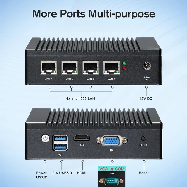 Alt view image 2 of 7 - VNOPN Fanless Firewall Appliance Intel J3710 4C/4T, Firewall Mini PC, 4 x Intel i226 LAN Ports, Network Gateway, Soft Router, Support PF-Sense/OPN-Sense, AES-NI (8GB RAM 128GB SSD)