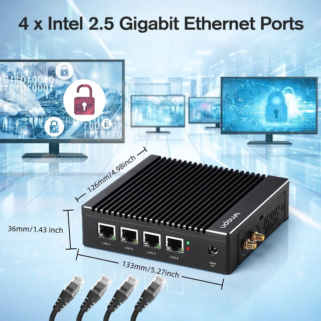 Alt view image 3 of 7 - VNOPN Fanless Firewall Appliance Intel J3710 4C/4T, Firewall Mini PC, 4 x Intel i226 LAN Ports, Network Gateway, Soft Router, Support PF-Sense/OPN-Sense, AES-NI (8GB RAM 128GB SSD)