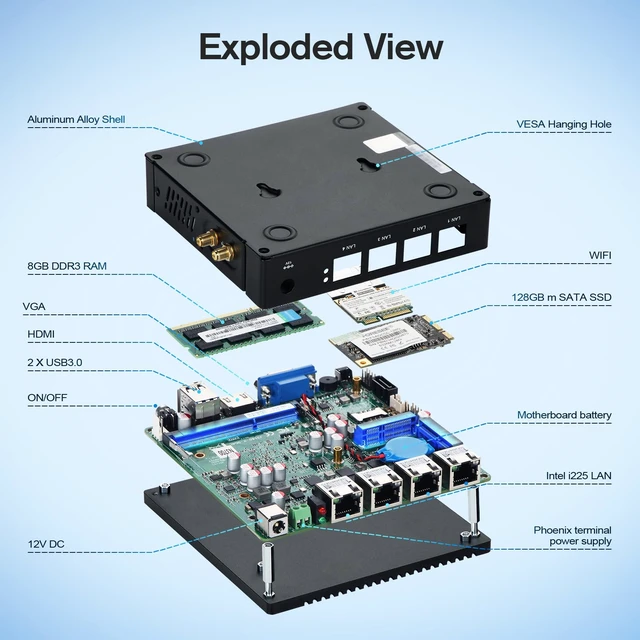 Alt view image 4 of 7 - VNOPN Fanless Firewall Appliance Intel J3710 4C/4T, Firewall Mini PC, 4 x Intel i226 LAN Ports, Network Gateway, Soft Router, Support PF-Sense/OPN-Sense, AES-NI (8GB RAM 128GB SSD)