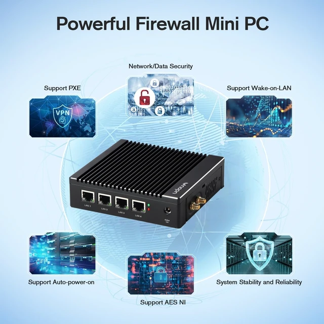 Alt view image 7 of 7 - VNOPN Fanless Firewall Appliance Intel J3710 4C/4T, Firewall Mini PC, 4 x Intel i226 LAN Ports, Network Gateway, Soft Router, Support PF-Sense/OPN-Sense, AES-NI (8GB RAM 128GB SSD)