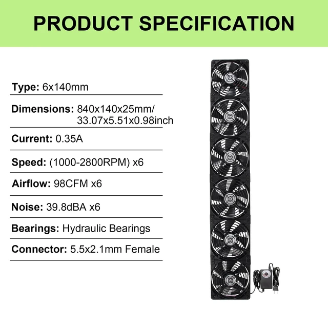 Alt view image 2 of 7 - 6x140mm PC Vent Cooling Fans with Magnetic Screws Kits and Adjustable Speed | Flexible 840mm 33.07inch Multi-Fan Cooling Fan Set with Magnetic Screws for Cabinet, Server, GPU Mining Rig, Chicken Coop