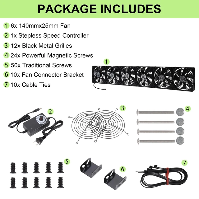 Alt view image 4 of 7 - 6x140mm PC Vent Cooling Fans with Magnetic Screws Kits and Adjustable Speed | Flexible 840mm 33.07inch Multi-Fan Cooling Fan Set with Magnetic Screws for Cabinet, Server, GPU Mining Rig, Chicken Coop