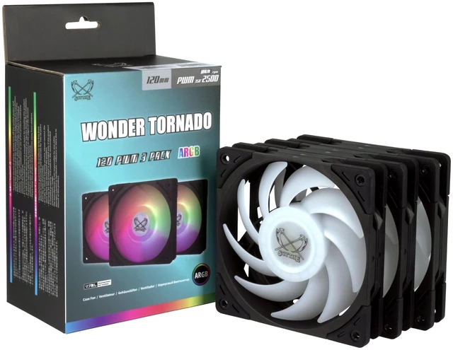 Main image of Scythe Wonder Tornado 120mm ARGB Computer case Fan for Gaming and Performance Build,12V 4pin Power, 3pin ARGB Lighting, 25mm Thickness, PBT Material, 2500RPM, 3-Pack