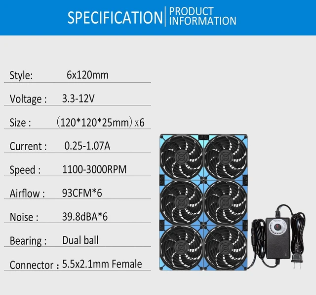 Alt view image 3 of 7 - 120mmx6 720mm Adjustable PC Ventilation & Exhaust Fan with Speed Controller | High Airflow Magnetic Installation Industrial Fan Multi Configurations for Server Rack GPU Mining Cabinet Attic Greenhouse