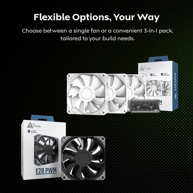 Alt view image 6 of 6 - MONTECH E28 PWM 120mm Cooling Fan Desktop PC Case Fan AIO Fan, Black 3-Pack | Up to 2000RPM, 9 Blades, 28mm Thick for Enhanced Cooling Efficiency, PWM 4-Pin Power Connector, FDB Bearing