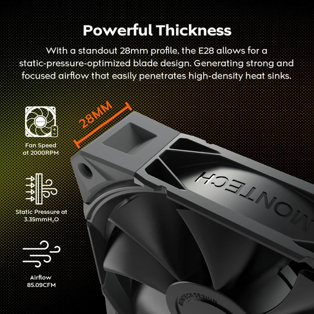 Alt view image 2 of 6 - MONTECH E28 PWM 120mm Cooling Fan Desktop PC Case Fan AIO Fan, Black 3-Pack | Up to 2000RPM, 9 Blades, 28mm Thick for Enhanced Cooling Efficiency, PWM 4-Pin Power Connector, FDB Bearing