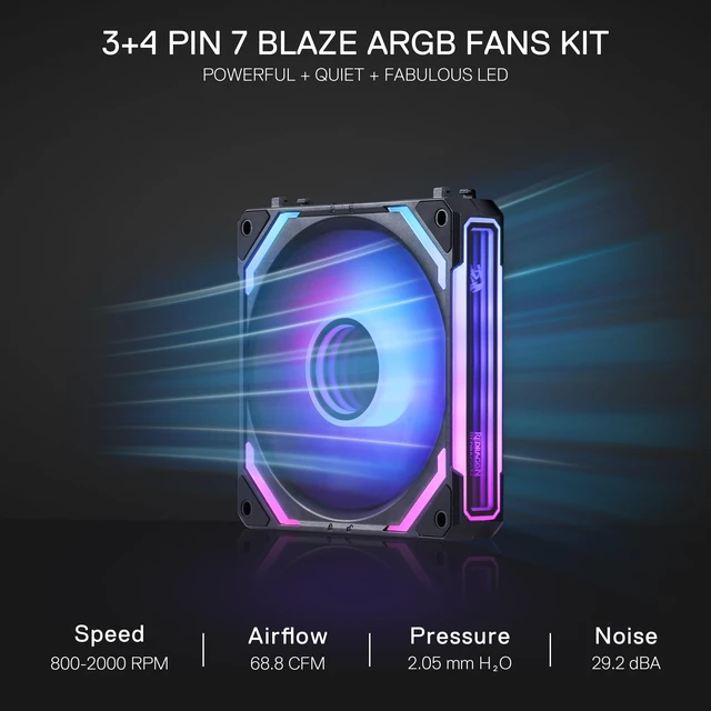 Alt view image 2 of 7 - Redragon GCF012 Standard 120mm PC Case Fan, Daisy-Chain Connection, 5V 3Pin ARGB Lighting, 4 Pin PWM Case Fan, for Radiator/Computer Case Cooling, 120x120x25mm, 3 Pack, Black