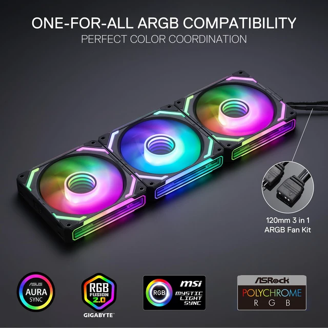 Alt view image 6 of 7 - Redragon GCF012 Standard 120mm PC Case Fan, Daisy-Chain Connection, 5V 3Pin ARGB Lighting, 4 Pin PWM Case Fan, for Radiator/Computer Case Cooling, 120x120x25mm, 3 Pack, Black