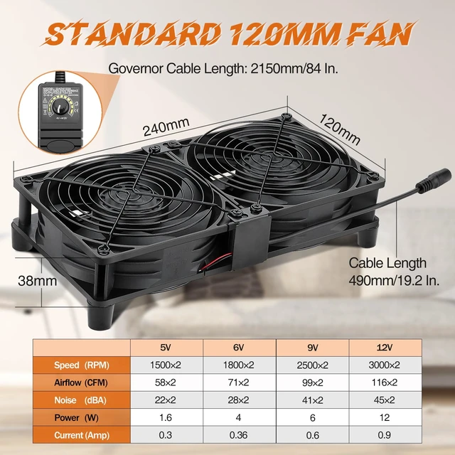 Alt view image 2 of 7 - WDERAIR 2 x 120mm Computer Fan with AC Plug 110V 120V 220V 240V for Server Rack Cabinet Mount Small Window Exhaust Cooler (12038)
