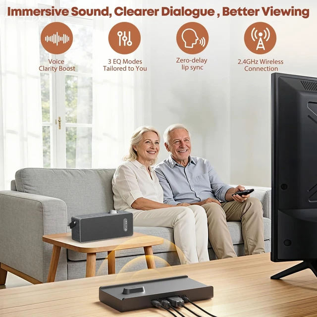 Alt view image 2 of 5 - LARKSOUND Handy TV Speaker for Elderly, Portable TV Sound Amplifier with Dialogue Clarity, No Bluetooth Needed, Plug & Play Base, 3 EQ, HDMI/Optical/AUX, Headphone Jack, Gift for Parents