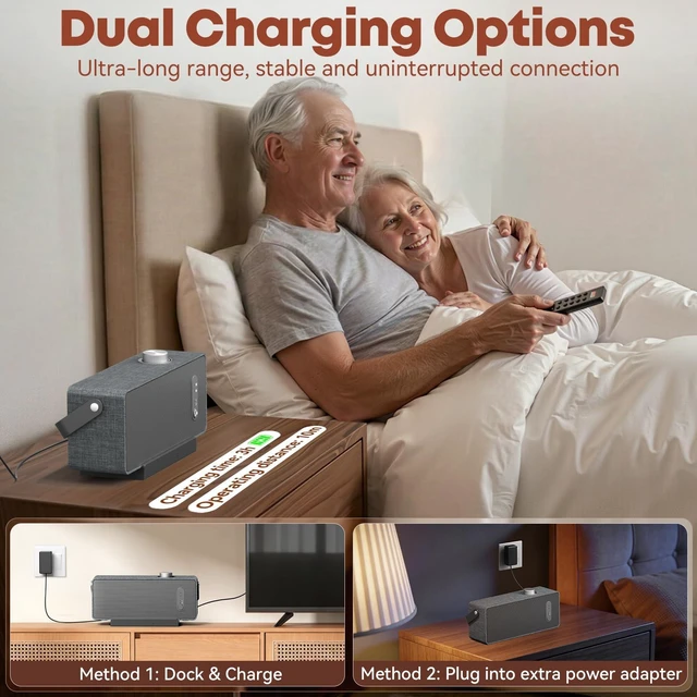 Alt view image 3 of 5 - LARKSOUND Handy TV Speaker for Elderly, Portable TV Sound Amplifier with Dialogue Clarity, No Bluetooth Needed, Plug & Play Base, 3 EQ, HDMI/Optical/AUX, Headphone Jack, Gift for Parents