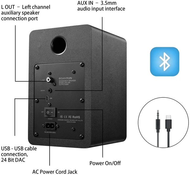 Alt view image 4 of 7 - Sanyun SW208 3" Active Bluetooth 5.0 Bookshelf Speakers, Built-in 24bit DAC | 60W Carbon Fiber Speaker, USB and 3.5mm AUX Input, Dynamic 3D Surround Sound, 2.0 Computer PC Monitor Gaming (Pair, Black)