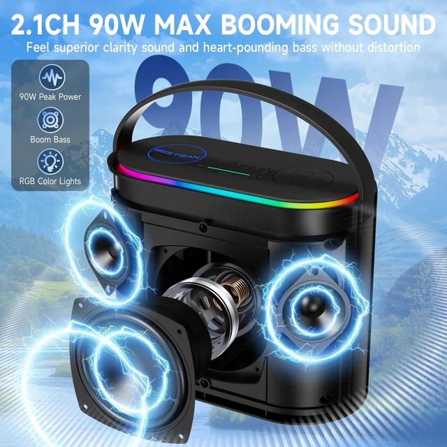 Alt view image 2 of 7 - BESTISAN Bluetooth Speaker, 2.1CH 90W Stereo Sound, Built-in 50W Subwoofer, Upgraded 7 RGB Lights, TWS, 15H Play Portable Speaker, Deep Bass, Hands-Free Calling for Party, Camping, Travel, Garage