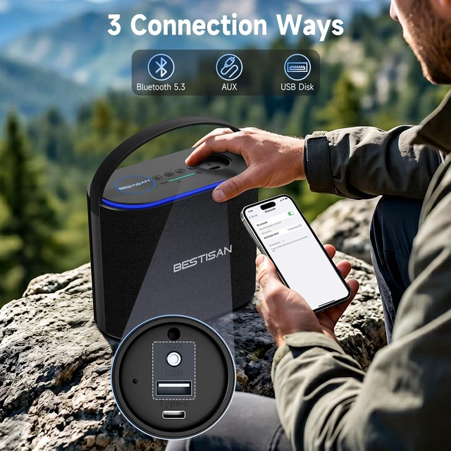 Alt view image 4 of 7 - BESTISAN Bluetooth Speaker, 2.1CH 90W Stereo Sound, Built-in 50W Subwoofer, Upgraded 7 RGB Lights, TWS, 15H Play Portable Speaker, Deep Bass, Hands-Free Calling for Party, Camping, Travel, Garage