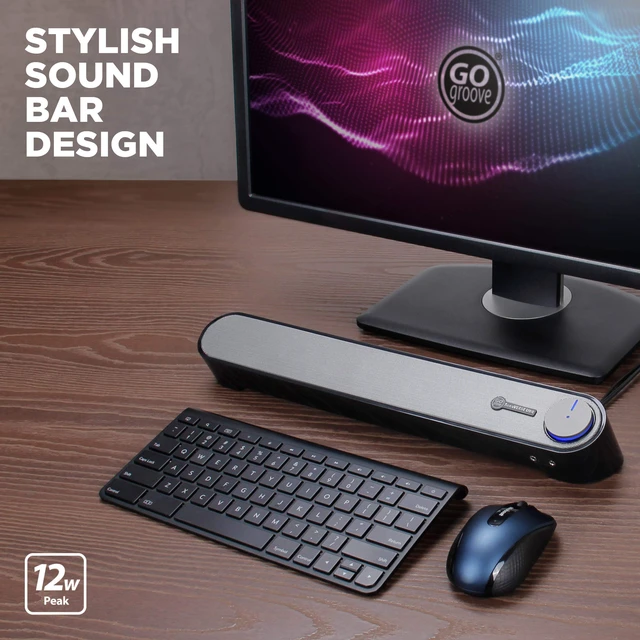 Alt view image 2 of 7 - GOgroove Computer Speaker Mini Soundbar - USB Powered PC Sound Bar with Easy Setup Wired AUX, Stereo Audio, Microphone Port, Volume Control Knob, Under Monitor Design for Desktop (Black)
