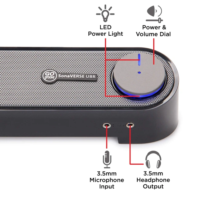 Alt view image 7 of 7 - GOgroove Computer Speaker Mini Soundbar - USB Powered PC Sound Bar with Easy Setup Wired AUX, Stereo Audio, Microphone Port, Volume Control Knob, Under Monitor Design for Desktop (Black)