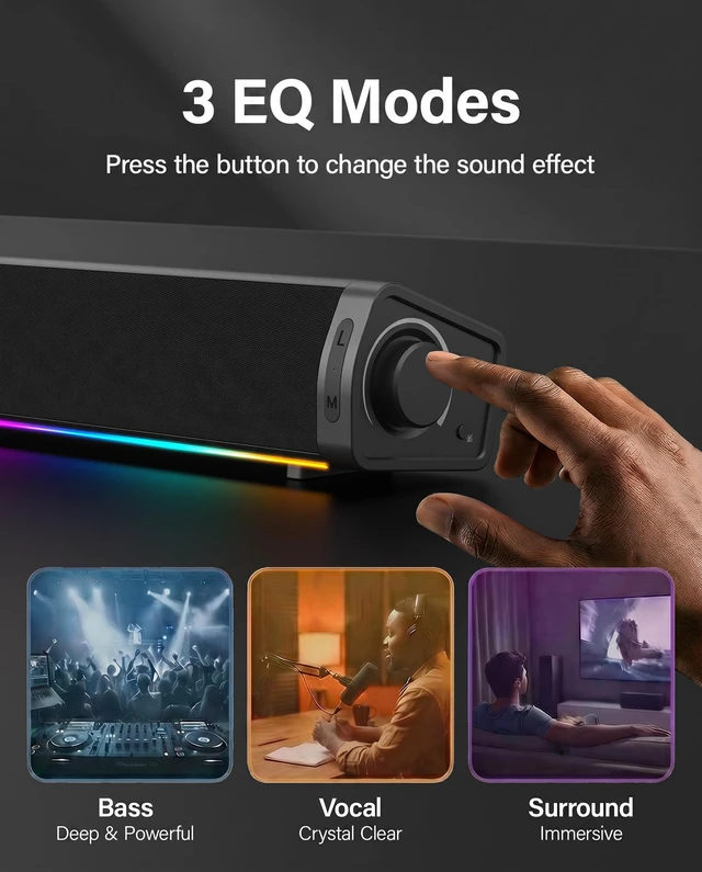 Alt view image 4 of 7 - ABRRU Computer Speakers for Desktop PC, Gaming Soundbar with 3 EQ Modes | Desktop Monitor Speakers with Enhanced Bass, Headphone Jack, and USB-C/USB-A adapter for Windows, Mac, and PS5. Plug and Play