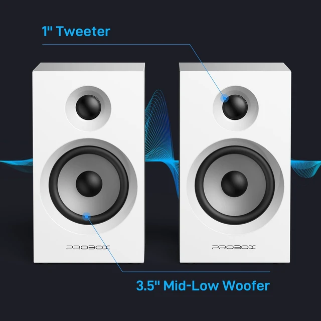 Alt view image 4 of 7 - Probox Powered Bookshelf Speakers HiFi Computer Gaming Monitors with Bluetooth 5.3 & 24-Bit USB DAC Stereo Speaker PC Speakers 3.5" Woofer,1" Silk Dome Tweeter, Adjustable Bass/Treble BT16 - White