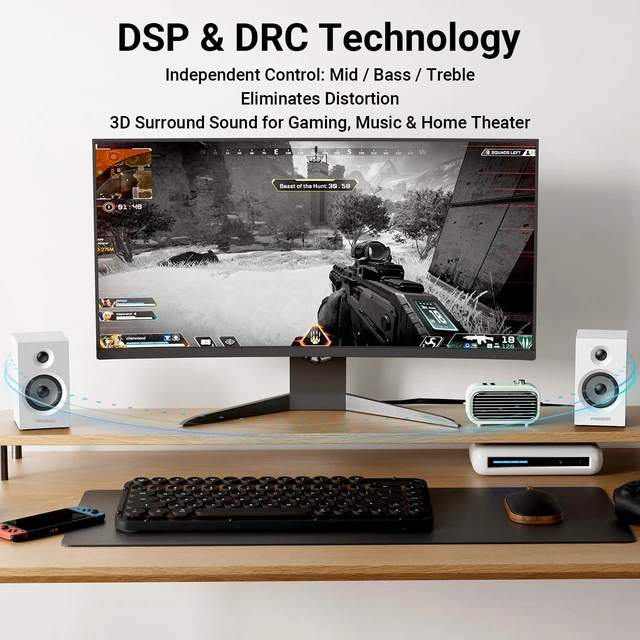 Alt view image 7 of 7 - Probox Powered Bookshelf Speakers HiFi Computer Gaming Monitors with Bluetooth 5.3 & 24-Bit USB DAC Stereo Speaker PC Speakers 3.5" Woofer,1" Silk Dome Tweeter, Adjustable Bass/Treble BT16 - White