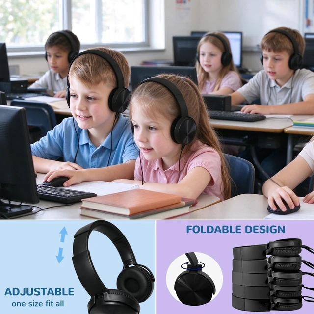 Alt view image 2 of 7 - Ladont 10 Pack Bulk Headphones for Classroom, Kids Wired Headphone for Students School K-12, Affordable Classroom Headphones, On-Ear with 3.5mm Plug(Black)