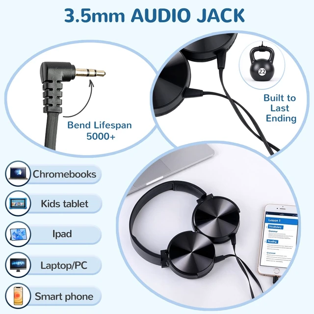 Alt view image 3 of 7 - Ladont 10 Pack Bulk Headphones for Classroom, Kids Wired Headphone for Students School K-12, Affordable Classroom Headphones, On-Ear with 3.5mm Plug(Black)
