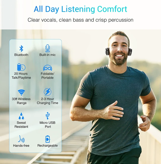Alt view image 6 of 7 - Kinivo BTH240 Bluetooth Headphones On-Ear, Wireless Music, Calling, Mic | Sports Running Headphones (20 Hours Play time, Hands-Free Calling, Built-in Mic) Bluetooth Headset for Running, Gym Workout