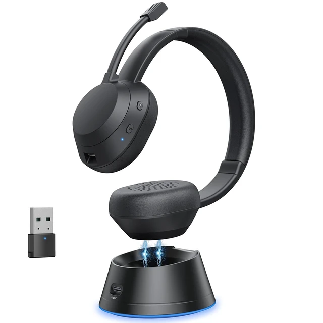 Main image of Wirelss Headset With Mic for Work, AI Noise Cancelletion Bluetooth Headset | Wireless Headphones with Mute Button & USB Dongle,Charging Base, 65H Playtime for Call Center/Computer/Laptop/Teams/Zoom