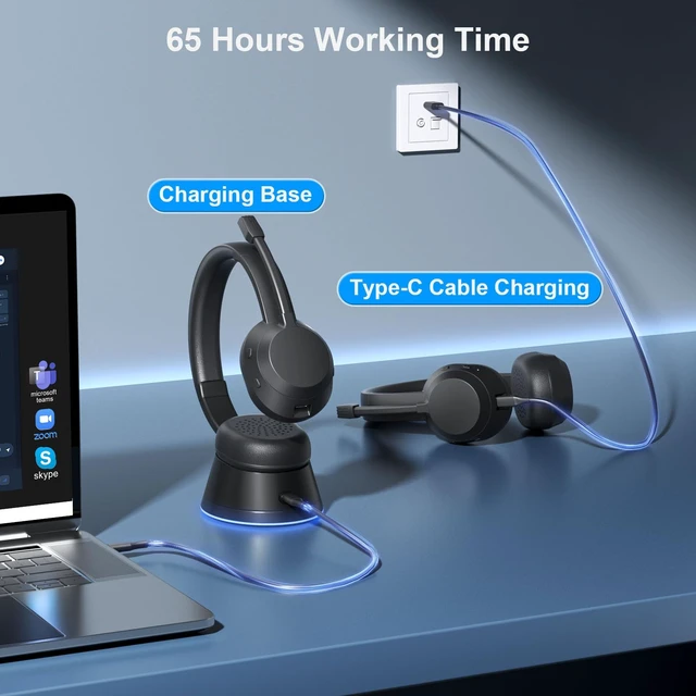 Alt view image 5 of 7 - Wirelss Headset With Mic for Work, AI Noise Cancelletion Bluetooth Headset | Wireless Headphones with Mute Button & USB Dongle,Charging Base, 65H Playtime for Call Center/Computer/Laptop/Teams/Zoom