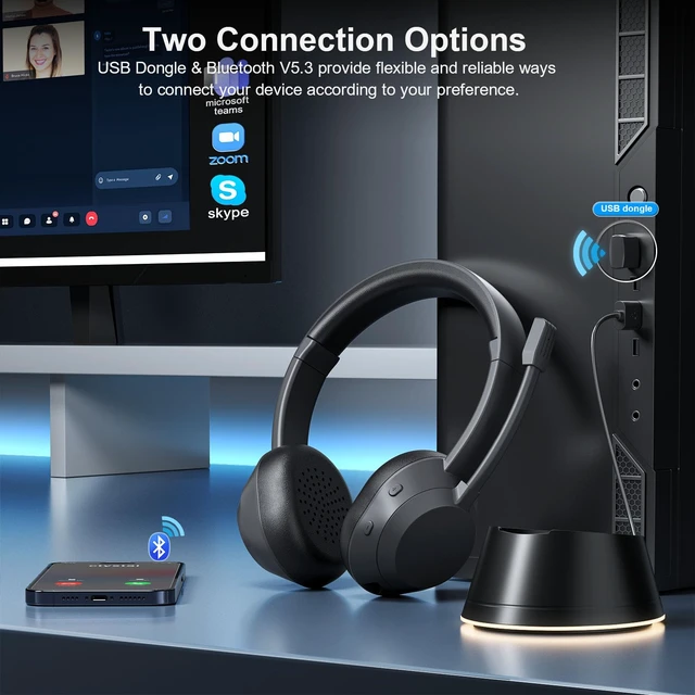 Alt view image 6 of 7 - Wirelss Headset With Mic for Work, AI Noise Cancelletion Bluetooth Headset | Wireless Headphones with Mute Button & USB Dongle,Charging Base, 65H Playtime for Call Center/Computer/Laptop/Teams/Zoom