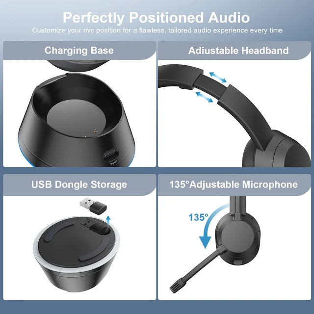 Alt view image 7 of 7 - Wirelss Headset With Mic for Work, AI Noise Cancelletion Bluetooth Headset | Wireless Headphones with Mute Button & USB Dongle,Charging Base, 65H Playtime for Call Center/Computer/Laptop/Teams/Zoom