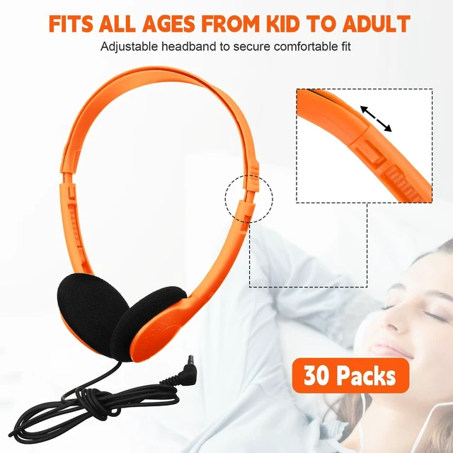 Alt view image 2 of 6 - Konohan 30 Pack Headphones Bulk Classroom Headphones, Orange, Classic | Wholeslae Wired Headphones for Student Adjustable over The Ear with 3.5 mm Jack for School Library Online Lesson and Testing