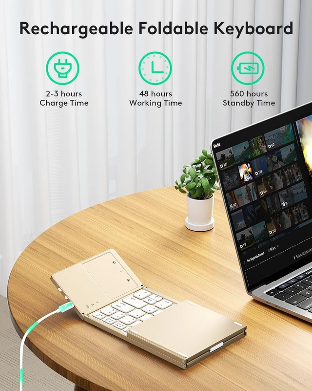 Alt view image 3 of 7 - Foldable Bluetooth Keyboard with Touchpad, Ultra Slim Compact, Gold | Multi-touch Trackpad, Full Size, Phone Holder, USB-C Charging, 1 Device, for Android Windows iOS Mac OS, Mobile Productivity