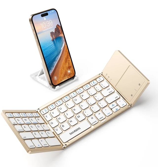 Main image of Foldable Bluetooth Keyboard with Touchpad, Ultra Slim Compact, Gold | Multi-touch Trackpad, Full Size, Phone Holder, USB-C Charging, 1 Device, for Android Windows iOS Mac OS, Mobile Productivity