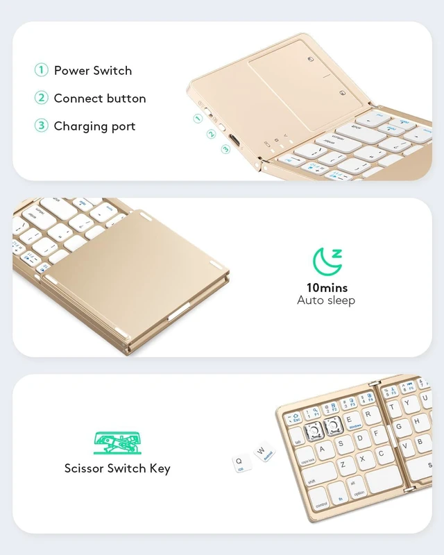 Alt view image 6 of 7 - Foldable Bluetooth Keyboard with Touchpad, Ultra Slim Compact, Gold | Multi-touch Trackpad, Full Size, Phone Holder, USB-C Charging, 1 Device, for Android Windows iOS Mac OS, Mobile Productivity