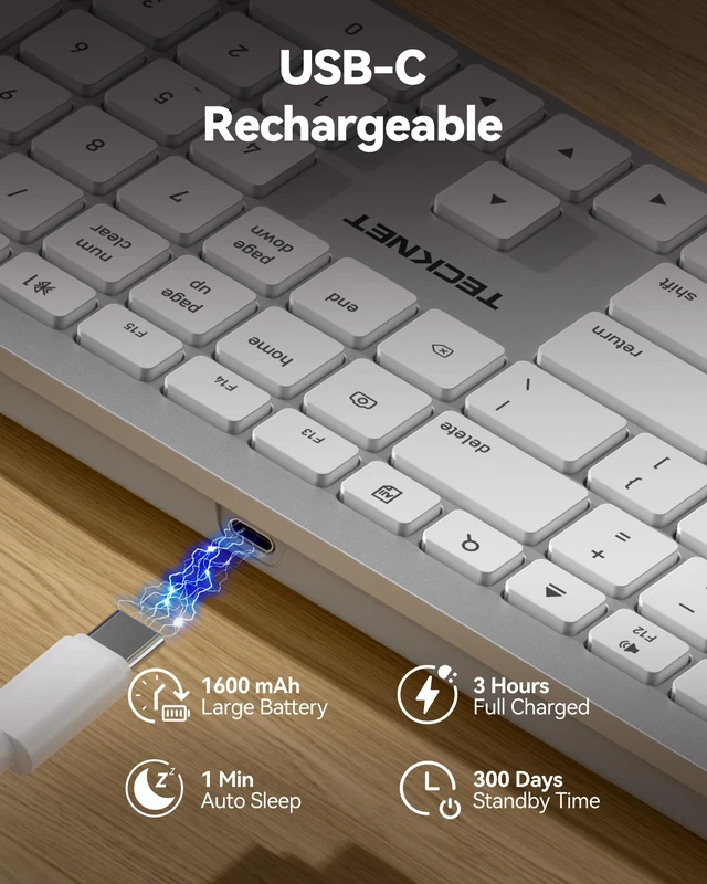 Alt view image 6 of 7 - TECKNET Premium Bluetooth Keyboard for Mac, MacBook Pro/Air, iMac, White | 3 Bluetooth Channels, Matte Finished Coating, Metallic-Style Panel, White Backlight, Rechargeable 1600mAh, Full Size, Quiet