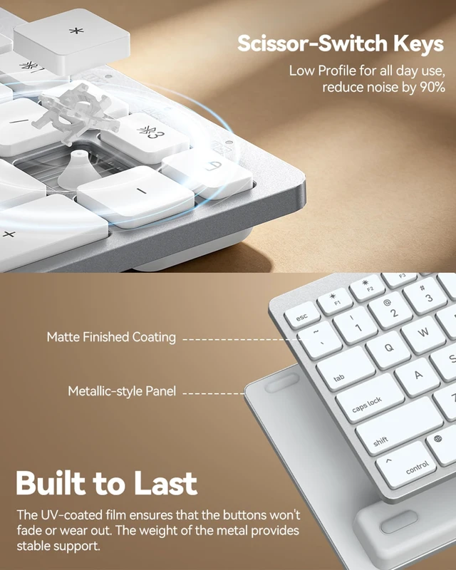 Alt view image 5 of 7 - TECKNET Premium Bluetooth Keyboard for Mac, MacBook Pro/Air, iMac, White | 3 Bluetooth Channels, Matte Finished Coating, Metallic-Style Panel, White Backlight, Rechargeable 1600mAh, Full Size, Quiet
