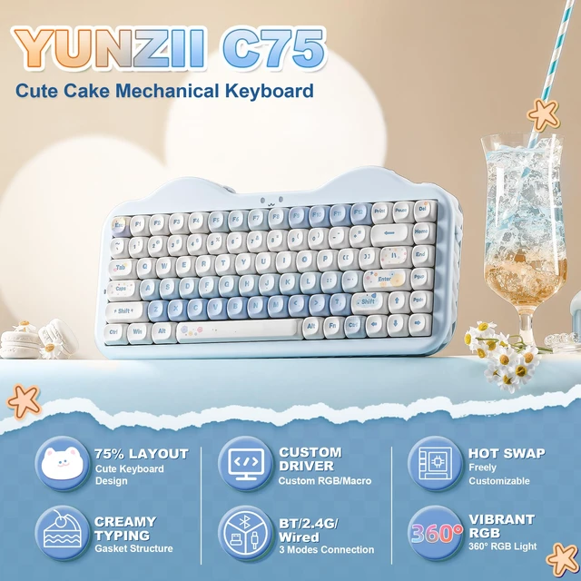 Alt view image 2 of 7 - YUNZII C75 Cute 75% Wireless Mechanical Keyboard (Blue, Milk V2 Switch) | Creamy Cake Keyboard, BT5.0/2.4G/USB-C, Hot-Swap, NKRO, PBT MOA Keycaps,5500mAh RGB Gasket Mount for Mac/Win/Gaming/Office